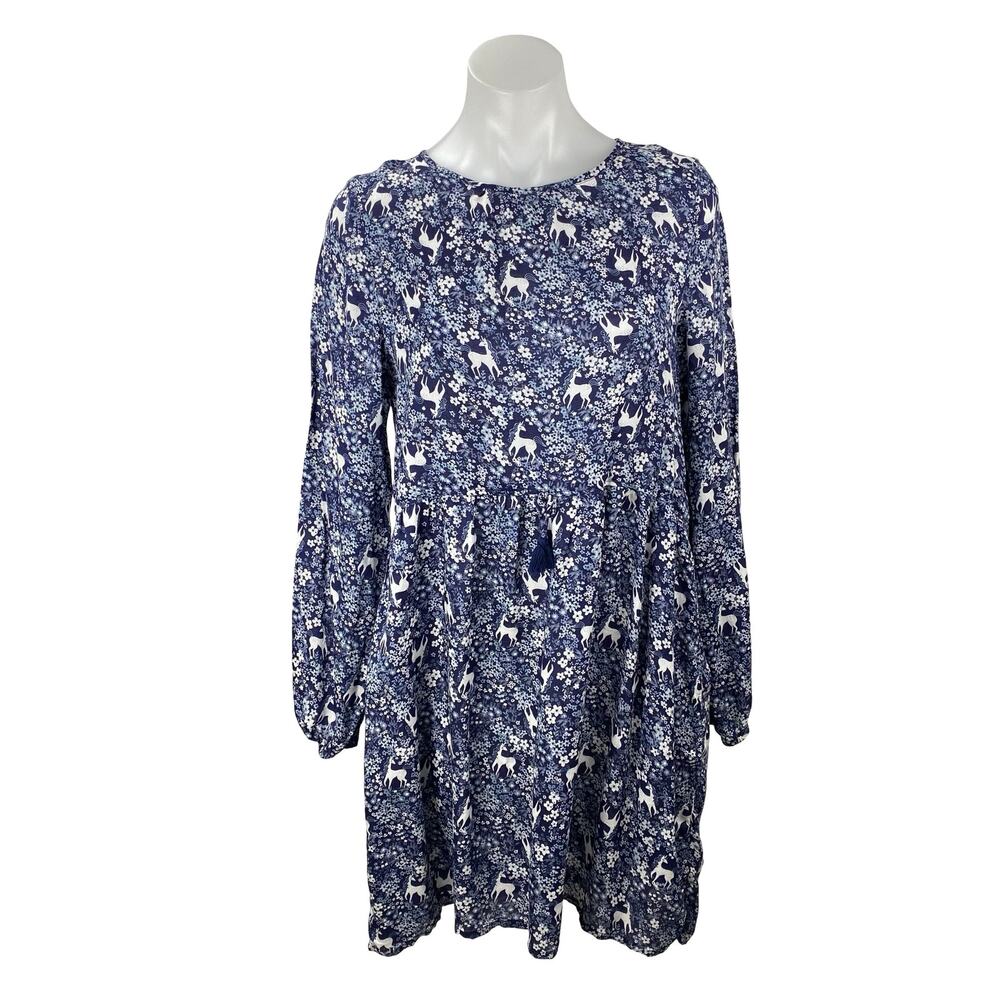 H&M Women's Blue Unicorn Floral Print Long Sleeve Mini Flare A-Line Dress Sz 14